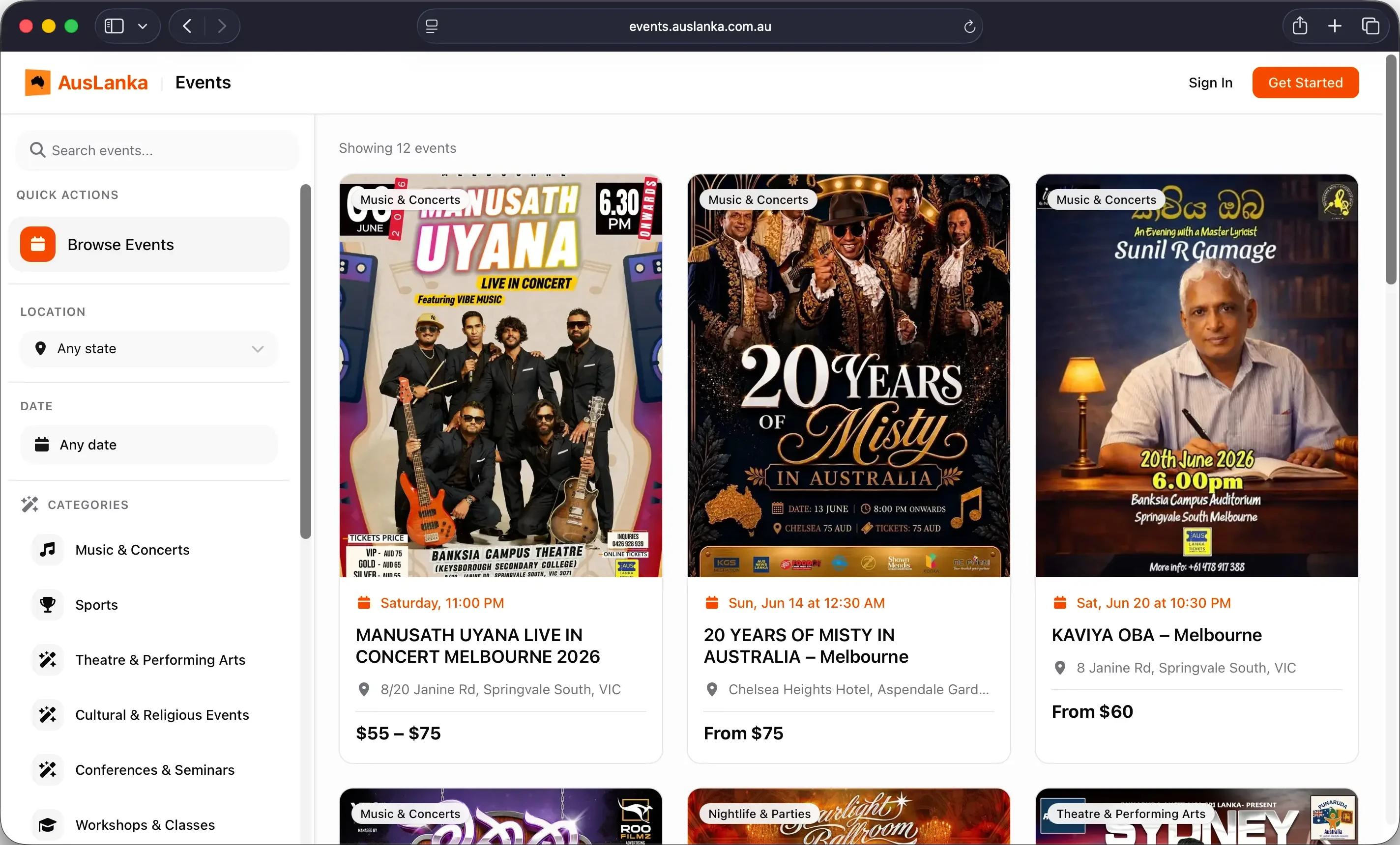 AusLanka Events browse page